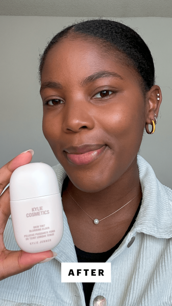 Malone after applying the Kylie Cosmetics Skin Tint Blurring Elixir